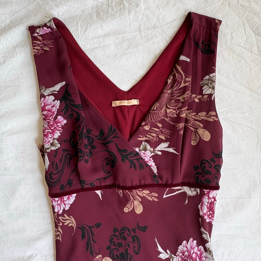 Burgundy Floral Chiffon Midi Dress Y2K Forever 21 - Size Small - Picture 2 of 6